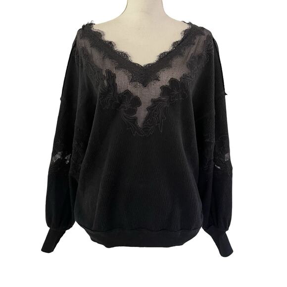 Free People Tops - Free People Embroidered Lace Balloon Sleeve Waffle Knit Top Size XS Black Boho